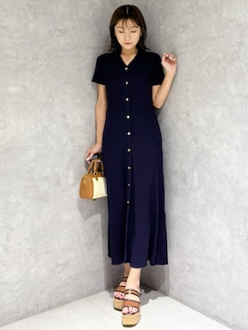 「MERCURYDUO（マーキュリーデュオ）のワイドリブスキッパーニットワンピース（ワンピース、ブルー系）」を使った、kaho さん（レディース・151cm）の春コーディネート