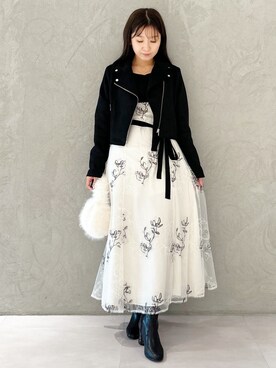 「MERCURYDUO（マーキュリーデュオ）のアイテム（ライダースジャケット）」を使った、kaho さん（レディース・151cm）の秋コーディネート