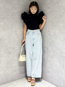「MERCURYDUO（マーキュリーデュオ）のパールデニムパンツ（デニムパンツ、ブルー系）」を使った、kaho さん（レディース・151cm）の春コーディネート