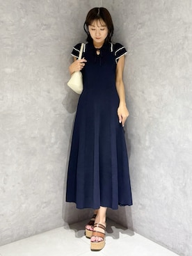 「MERCURYDUO（マーキュリーデュオ）のポロ衿ラッフルニットワンピース（ワンピース、ブルー系）」を使った、kaho さん（レディース・151cm）の春コーディネート