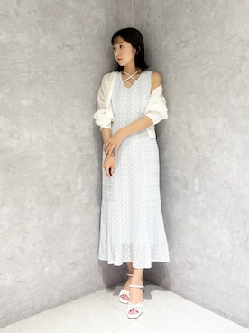 「MERCURYDUO（マーキュリーデュオ）のカットレースブロッキングマーメイドワンピース（ワンピース、ブルー系）」を使った、kaho さん（レディース・151cm）の夏コーディネート