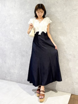 「MERCURYDUO（マーキュリーデュオ）の2WAYラッフルブラウスドッキングワンピース（ワンピース、ホワイト系）」を使った、kaho さん（レディース・151cm）の春コーディネート