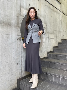 「LAGUNAMOON（ラグナムーン）のボタンジレドッキングニットワンピース（ワンピース）」を使った、MISAKI KUBOさん（レディース・157cm）の冬コーディネート