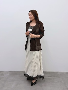 「LAGUNAMOON（ラグナムーン）のレーストリムドットキャミワンピース（ワンピース、ホワイト系）」を使った、MISAKI KUBOさん（レディース・157cm）の夏コーディネート