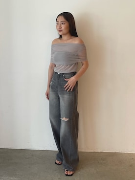 「LAGUNAMOON（ラグナムーン）のリップドデニムパンツ（デニムパンツ、グレー系）」を使った、MISAKI KUBOさん（レディース・157cm）の春コーディネート