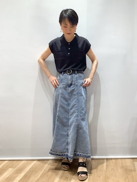 「TOKYO SHIRTS（トウキョウシャツ）のドライレーヨン 半袖 ポロ衿 プルオーバー（ニット/セーター、ブラック系）」を使った、BRICK HOUSE by Tokyo Shirts 鹿児島イオンモール店さん（レディース・157cm）の夏コーディネート