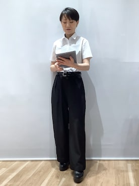 「TOKYO SHIRTS（トウキョウシャツ）の【吸水速乾】 形態安定ノンアイロン レギュラー 半袖ビジネスワイシャツ（ビジネスシャツ、グレー系）」を使った、BRICK HOUSE by Tokyo Shirts 鹿児島イオンモール店さん（レディース・157cm）の夏コーディネート