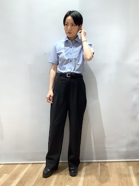 「TOKYO SHIRTS（トウキョウシャツ）の【吸水速乾】 形態安定ノンアイロン ワイド 半袖ビジネスワイシャツ（ビジネスシャツ、ブルー系）」を使った、BRICK HOUSE by Tokyo Shirts 鹿児島イオンモール店さん（レディース・157cm）の夏コーディネート