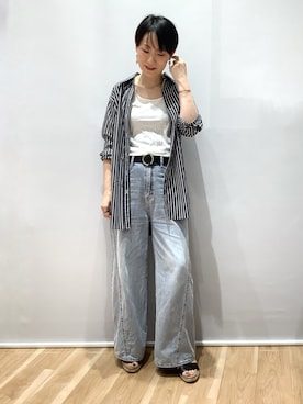 「TOKYO SHIRTS（トウキョウシャツ）のカジュアルシャツ オーバーシャツ 長袖 レディース（シャツ/ブラウス、グレー系）」を使った、BRICK HOUSE by Tokyo Shirts 鹿児島イオンモール店さん（レディース・157cm）の夏コーディネート