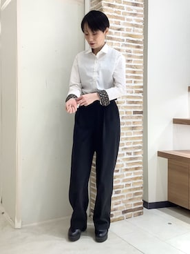 「TOKYO SHIRTS（トウキョウシャツ）の【くまのプーさん】形態安定ノンアイロン ワイド 長袖ビジネスワイシャツ（ビジネスシャツ、イエロー系）」を使った、BRICK HOUSE by Tokyo Shirts 鹿児島イオンモール店さん（レディース・157cm）の春コーディネート
