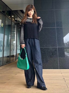 「透かし編みニット」｜「アイテム（オールインワン・サロペット）」を使った、Marielさん（レディース・149cm）の春コーディネート