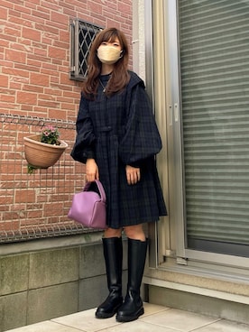 「チェックワンピース」｜「アイテム（シャツワンピース）」を使った、Marielさん（レディース・149cm）の秋コーディネート