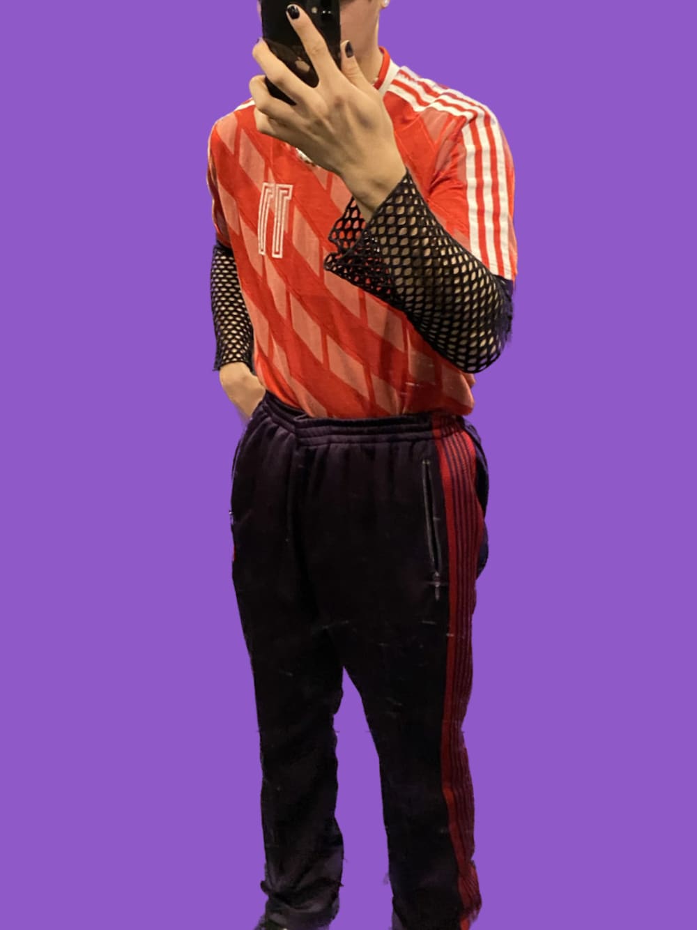 「ゲームシャツ、トラックパンツ、adidas、NEEDLES、あみあみ」｜「adidasのアイテム（その他トップス、レッド系）」を使った、Kazuyaさん（メンズ・171cm）の夏コーディネートの1枚目の写真