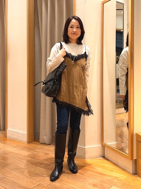 「fredy emue（フレディエミュ）のレースキャミコンビロンＴシャツ（Tシャツ/カットソー、イエロー系）」を使った、madokaさん（レディース・153cm）の秋コーディネート