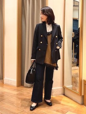 「fredy emue（フレディエミュ）のレースキャミコンビロンＴシャツ（Tシャツ/カットソー、イエロー系）」を使った、madokaさん（レディース・153cm）の秋コーディネート