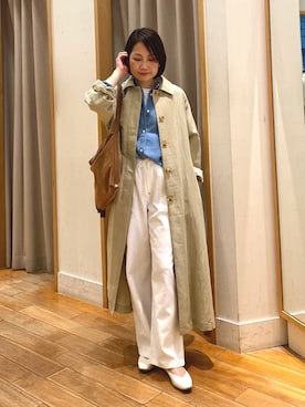 「fredy emue（フレディエミュ）のリネン混タンブラーステンカラーコート（ステンカラーコート、ベージュ系）」を使った、森まどかさん（レディース・153cm）の春コーディネート
