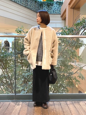 「ボア」｜「アイテム（ノーカラーコート）」を使った、森まどかさん（レディース・153cm）の秋コーディネート