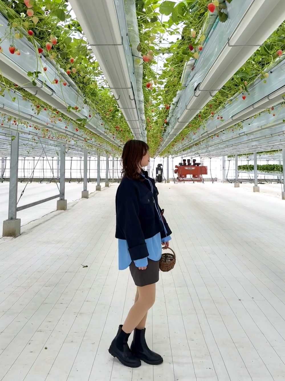 「ブルーコーデ、イチゴ狩り」｜「SENSE OF PLACE by URBAN RESEARCHのニットショートジャケット（ニット/セーター、ブルー系）」を使った、oraaange0405さん（骨格ストレート・レディース・164cm）の春コーディネートの1枚目の写真