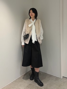 「NOLLEY’S（ノーリーズ）のウォッシャブルタックギャバキュロット（その他パンツ、ベージュ系）」を使った、wataさん（レディース・164cm）の秋コーディネート