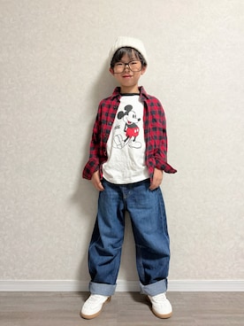 「UNIQLO（ユニクロ）の150cm、130cm（Tシャツ/カットソー、ホワイト系）」を使った、lenlen_rinrinさん（キッズ・110cm）の秋コーディネート