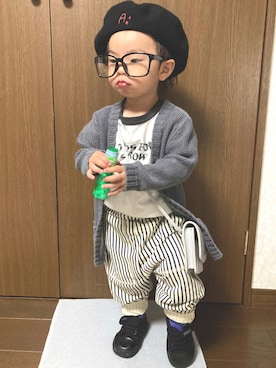 「ストライプパンツ」｜「アイテム（ハンチング/ベレー帽）」を使った、lenlen23さん（キッズ・80cm）の秋コーディネート