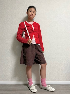 「GU（ジーユー）のWOMEN Sサイズ ピンク（Tシャツ/カットソー、ピンク系）」を使った、lenlen_rinrinさん（キッズ・110cm）の夏コーディネート