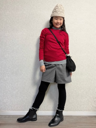「menue（メヌエ）のラウンドトゥ サイドゴア ショートブーツ（ブーツ）」を使った、lenlen_rinrinさん（キッズ・110cm）の冬コーディネート