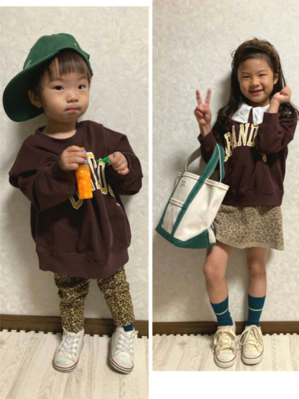 「レオパード、レオパード柄、LOWRYS FARM、秋のコーデ、ロゴスウェット、orcival、つけ襟、ミニワンピ、姉弟コーデ、姉弟、リンクコーデ、ゆるピタ、秋服準備はじめました、ラブアンドピース2021、ビッグシルエット」｜「LOWRYS FARMのアニマルカチューシャ　931700（カチューシャ、ブラウン系）」を使った、lenlen23さん（キッズ・80cm）の秋コーディネートの1枚目の写真