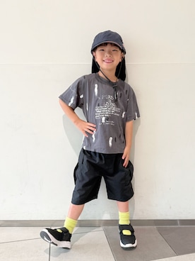 「aimoha（アイモハ）の【aimoha KIDS】カジュアルプリントTシャツ-蝶-（Tシャツ/カットソー）」を使った、lenlen23さん（キッズ・110cm）の夏コーディネート