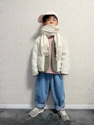 「pairmanon（ペアマノン）の【綿100%】ユニセックス ネームタグ付き カラーボーダー ロンT（Tシャツ/カットソー）」を使った、lenlen_rinrinさん（キッズ・110cm）の冬コーディネート