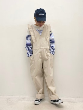 「CUBE SUGAR（キューブシュガー）のアイテム（サロペット/オーバーオール）」を使った、ioriさん（レディース・146cm）の春コーディネート