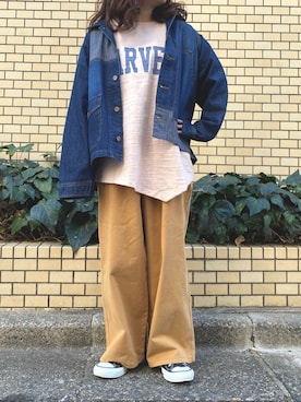 「CUBE SUGAR（キューブシュガー）のアイテム（デニムジャケット）」を使った、ioriさん（レディース・147cm）の冬コーディネート
