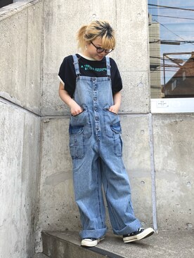 「CUBE SUGAR（キューブシュガー）のアイテム（サロペット/オーバーオール）」を使った、ioriさん（レディース・146cm）の春コーディネート