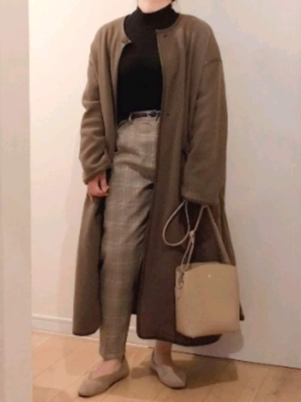 「リブニット、テーパードパンツ、チェックパンツ、チェック、パイピングコート、ショルダーバッグ、キレイめ、ブラウンコーデ、ぽっちゃり、低身長、プチプラ、今日のコーデ」｜「しまむらのアイテム（ニット/セーター、ブラック系）」を使った、 anko*さん（レディース・155cm）の秋コーディネートの1枚目の写真