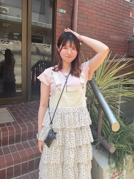 「w closet（ダブルクローゼット）のレースタグリブTシャツ　夏服（Tシャツ/カットソー、ピンク系）」を使った、みさとさん（レディース・152cm）の夏コーディネート
