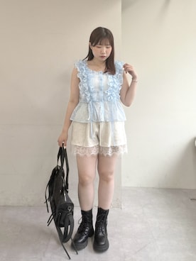 「w closet（ダブルクローゼット）のレースショートスウェットPT（その他パンツ、ホワイト系）」を使った、みさとさん（レディース・152cm）の夏コーディネート