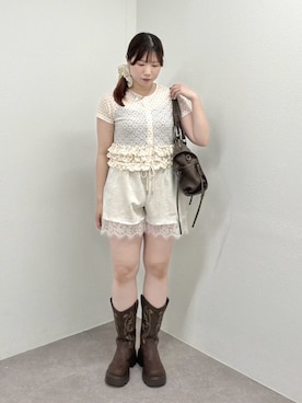 「w closet（ダブルクローゼット）の半袖ドットレースフリルカーディガン（Tシャツ/カットソー、ピンク系）」を使った、みさとさん（レディース・152cm）の夏コーディネート