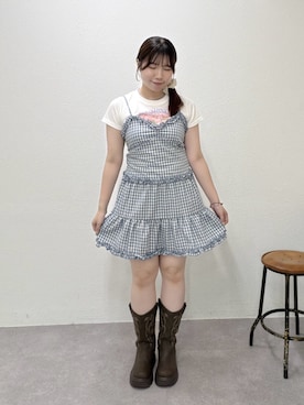 「w closet（ダブルクローゼット）のチェックティアードミニキャミワンピース（ワンピース、ブルー系）」を使った、みさとさん（レディース・152cm）の夏コーディネート