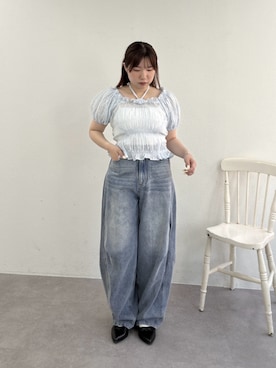 「w closet（ダブルクローゼット）のタックボリュームデニム（デニムパンツ、ブルー系）」を使った、みさとさん（レディース・152cm）の夏コーディネート