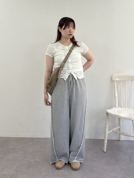 「w closet（ダブルクローゼット）の【低身長/高身長サイズあり◎】スウェットバギーパンツ（その他パンツ、グレー系）」を使った、みさとさん（レディース・152cm）の夏コーディネート