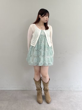 「w closet（ダブルクローゼット）のフラワーバルーンミニキャミワンピース（チュニック、ブルー系）」を使った、みさとさん（レディース・152cm）の夏コーディネート