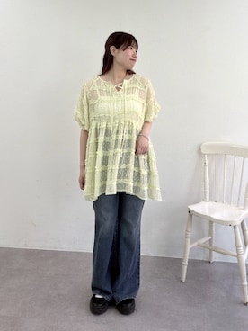 「w closet（ダブルクローゼット）のドビードットチュニック（シャツ/ブラウス、グリーン系）」を使った、みさとさん（レディース・152cm）の夏コーディネート