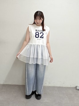 「w closet（ダブルクローゼット）のナンバリングギャザーT（Tシャツ/カットソー、ホワイト系）」を使った、みさとさん（レディース・152cm）の春コーディネート