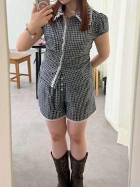 「w closet（ダブルクローゼット）の【セットアップ対応】丸衿チェックシャツ（シャツ/ブラウス、ブルー系）」を使った、みさとさん（レディース・152cm）の夏コーディネート