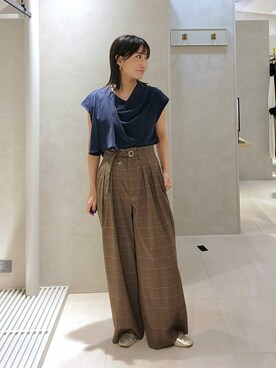 「Andemiu（アンデミュウ）のフロントベルトチェックパンツ/1049202（その他パンツ、ブラウン系）」を使った、  NATSUさん（レディース・152cm）の夏コーディネート