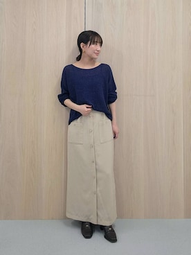 「Andemiu（アンデミュウ）のボタンIラインスカート653124（スカート、ベージュ系）」を使った、  NATSUさん（レディース・152cm）の春コーディネート