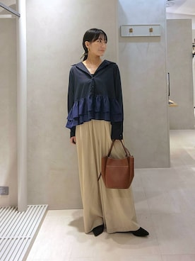 「Andemiu（アンデミュウ）のウエストタックワイドパンツ/1042100（その他パンツ、ベージュ系）」を使った、  NATSUさん（レディース・152cm）の夏コーディネート