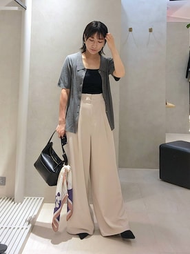 「Andemiu（アンデミュウ）のサイドベルトストレートパンツ640816（スラックス、ホワイト系）」を使った、  NATSUさん（レディース・152cm）の夏コーディネート
