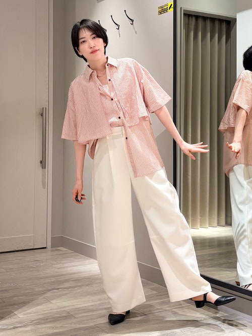 シャツ+ブラウス(半袖+袖なし) AMIW BLUE STRIPE BLOUSE ブラウス 長袖 ストライプ 斜め ボタン アシンメトリー トップス