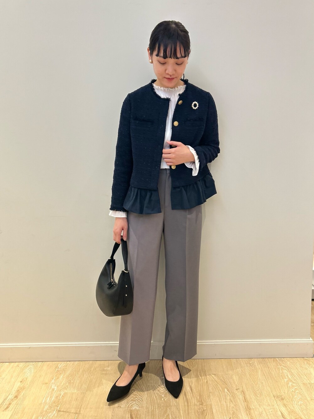 「NOLLEY'S、セレモニー、セレモニーコーデ、ハレの日、ツイード、ワイドパンツ、キレイめ、フォーマル、高身長女子、高身長コーデ」｜「NOLLEY’SのBISHU JAPAN コットンフラッグツイードクルーネックジャケット（ノーカラージャケット、ブルー系）」を使った、fukudaさん（レディース・170cm）の冬コーディネートの1枚目の写真